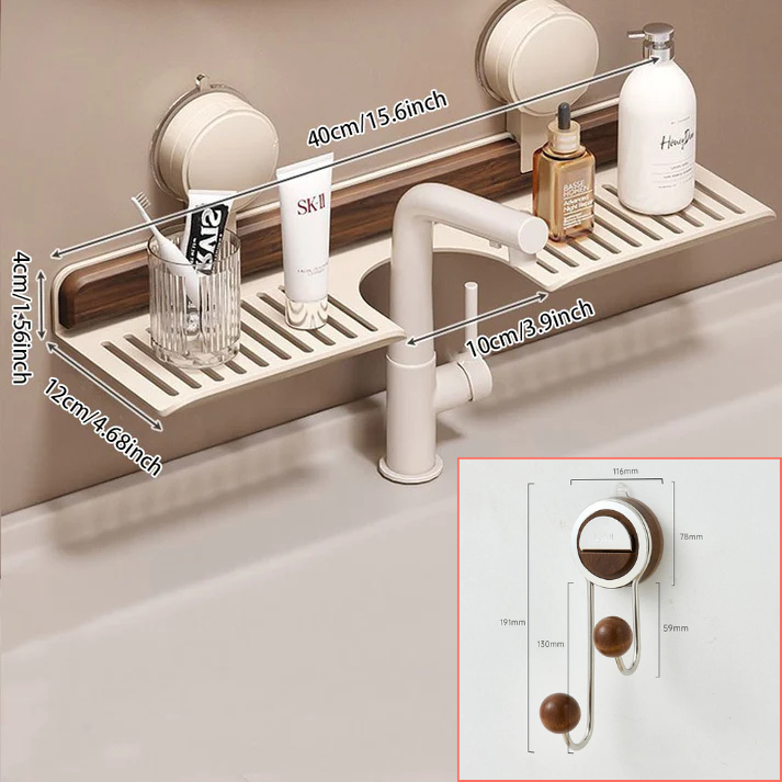 No-Drill Walnut Aluminum Faucet Rack: Hollow Drainage & Heavy-Duty