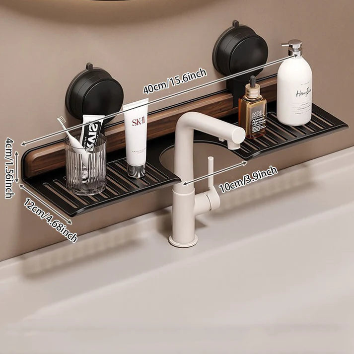 No-Drill Walnut Aluminum Faucet Rack: Hollow Drainage & Heavy-Duty