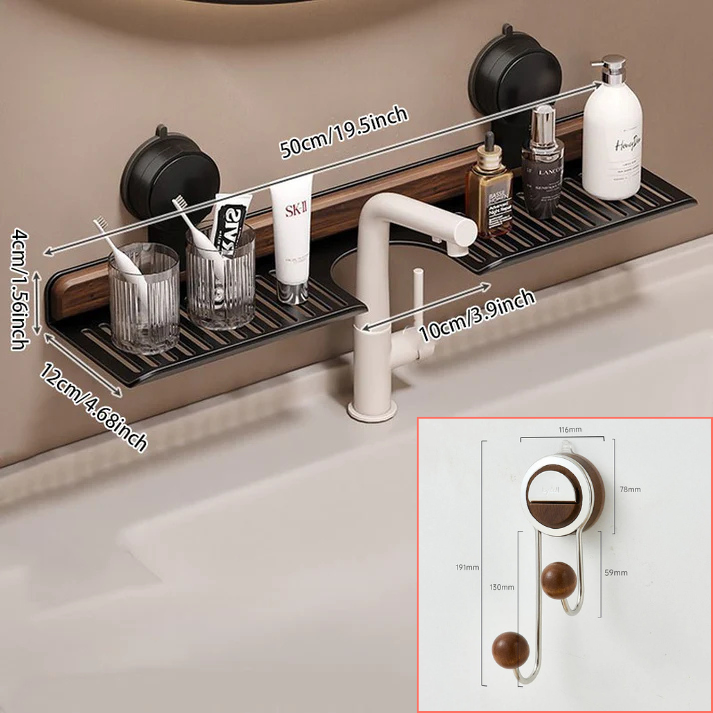 No-Drill Walnut Aluminum Faucet Rack: Hollow Drainage & Heavy-Duty